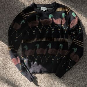 Modcloth Pepaloves Black Goose Pattern Crewneck Sweater - Black/Mint/Brown